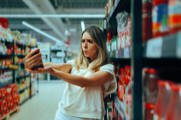 Surprised Customer Reading the Label and List of Ingredients of a Product. Shopper puzzled after...