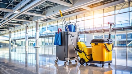 Clean floors with janitorial equipment at airport terminal