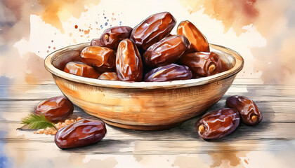 Fototapeta premium Vibrant digital painting of ripe dates in a bowl set against a splashy backdrop