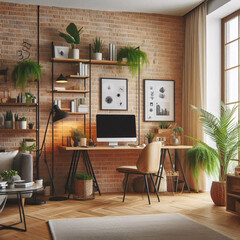 Modern home office with plants and brick wall