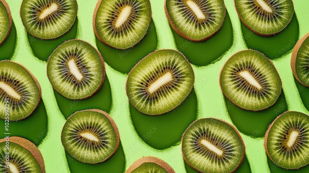 Poster a pattern of sliced kiwi fruit on a green background with shadows.