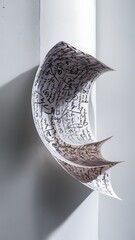 Close up view of curved paper sheet on white background