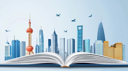 Obraz premium Open Book Revealing a Detailed Skyline of Modern Skyscrapers
