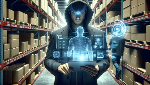 "The image depicts a man in a hooded jacket standing in a warehouse. He is holding a tablet in front of him, and the screen is showing a holographic projection of a human figure and various technologi