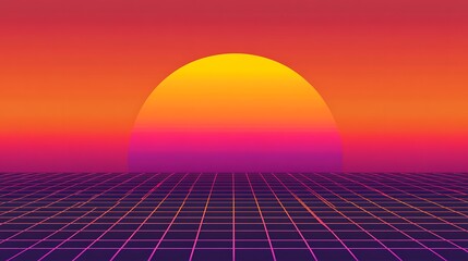 A retro-style sunset over a gridded horizon, evoking a sense of nostalgia and futuristic design.