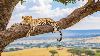 A leopard rests on a tree branch in the African savanna, its spotted fur camouflaged against the bark.
