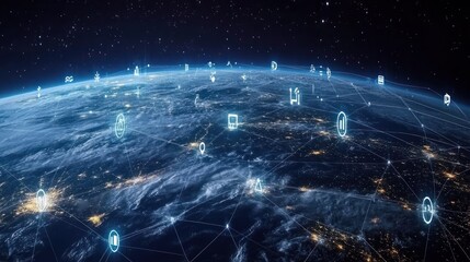 Global Network with Digital Icons over Earth at Night