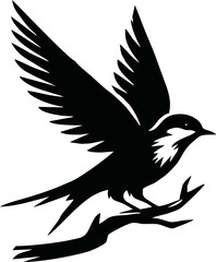 Black vector artwork illustration of a flying robin bird silhouette, capturing the graceful motion and elegance of this avian in a simple yet striking design.