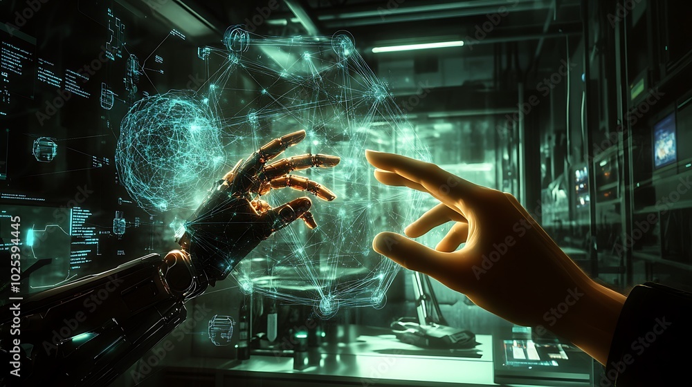 Poster a robotic hand reaches towards a human hand, both interacting with a digital hologram in a futuristi