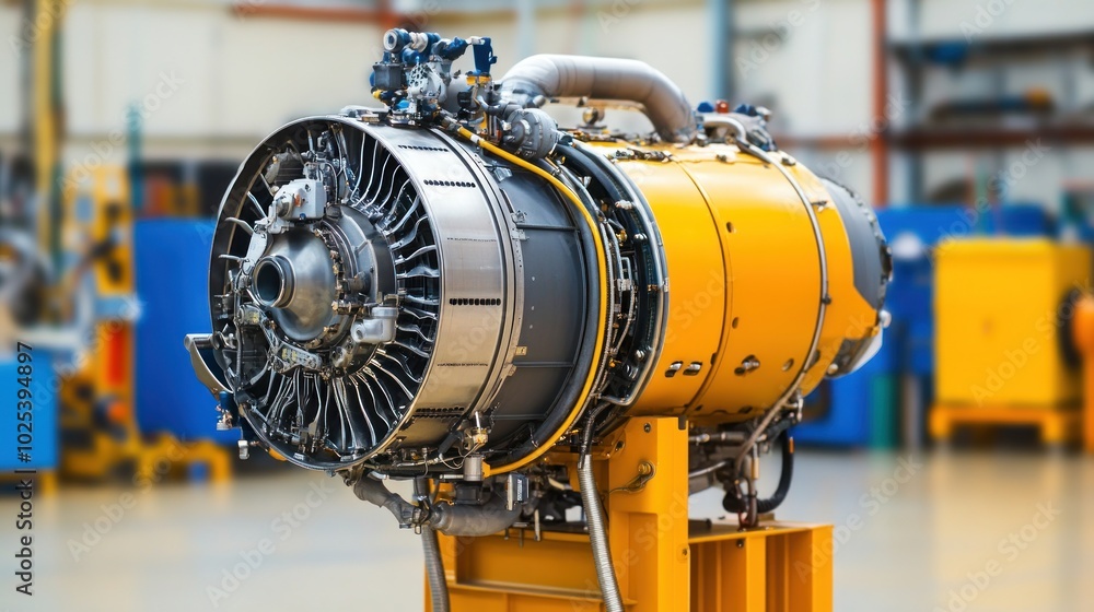 Poster Closeup of a Jet Engine with Yellow Housing in a Factory Setting