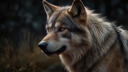 Fototapeta premium The wolfdog's ears are perked forward, listening intently to the sounds of the forest. Its powerful build and muscular frame suggest a formidable presence, a testament to its wolfish heritage.