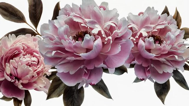 Pink peonies with green leaves are arranged in a row against a white background