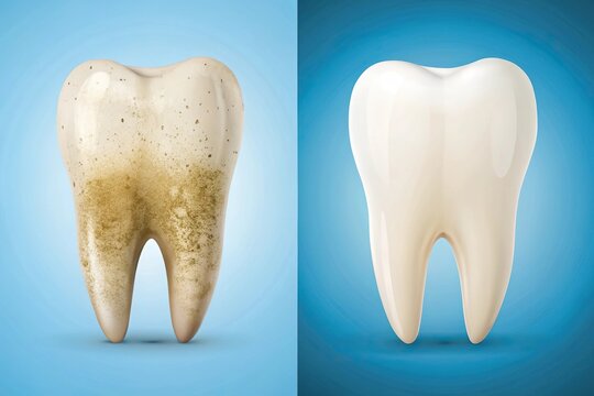Close up of a clean and a dirty tooth