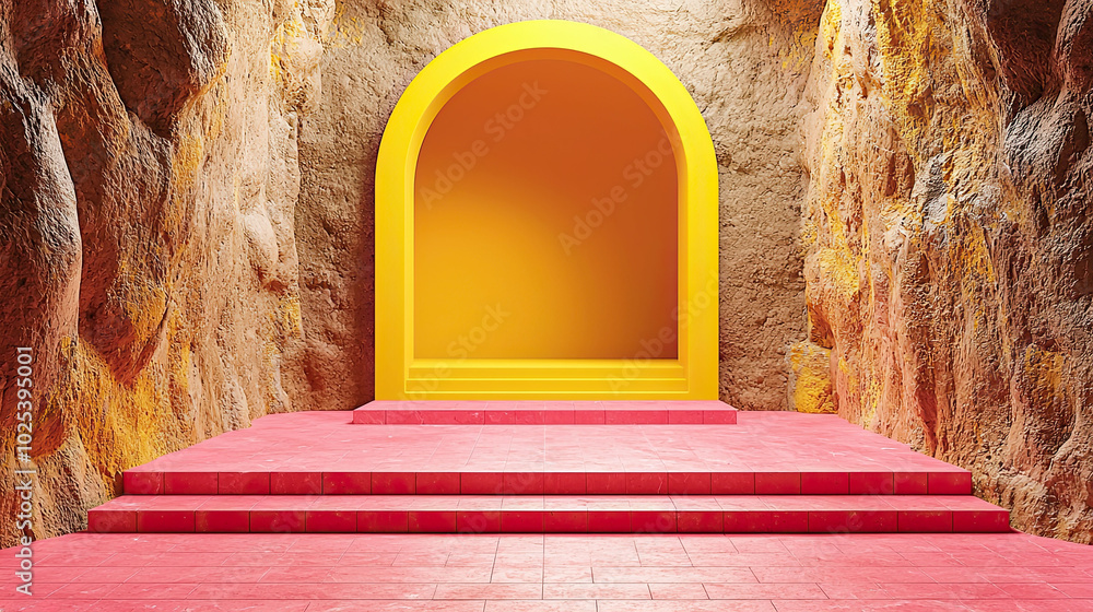 Poster a pink and yellow stage with a large green leaf on it. the stage is empty and the leaf is placed on 