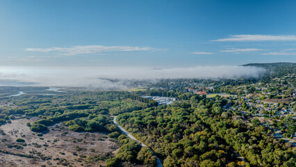 panoramic drone view of Carmel River, California with forest and city