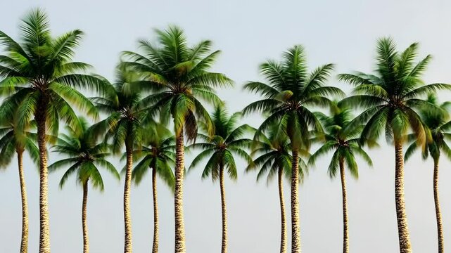 A row of tall palm trees stand against a clear, blue sky on a sunny day