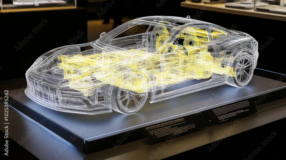 Poster wireframe model of a sports car on display