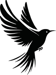 Black vector artwork illustration of a flying robin bird silhouette, capturing the graceful motion and elegance of this avian in a simple yet striking design.