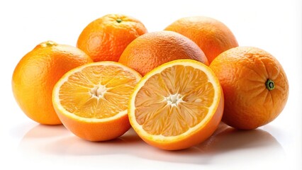 Close up of cut and whole oranges on white background