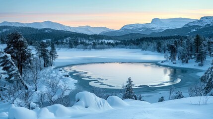 Fototapeta premium A serene winter landscape featuring a frozen lake surrounded by snow-covered mountains.