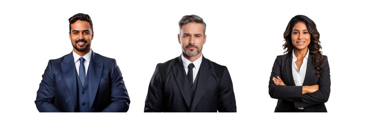 Three business people in suits, isolated on a white background.