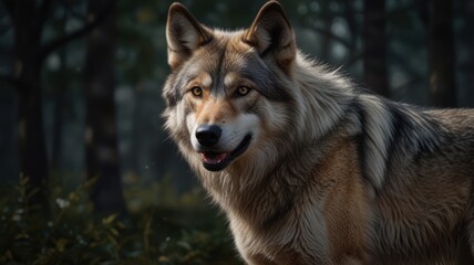 Fototapeta premium The wolfdog's ears are perked forward, listening intently to the sounds of the forest. Its powerful build and muscular frame suggest a formidable presence, a testament to its wolfish heritage.
