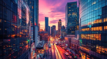 Obraz premium A lively cityscape at sunset, with tall glass skyscrapers and bustling streets glowing under the colorful lights, capturing the energy of the city