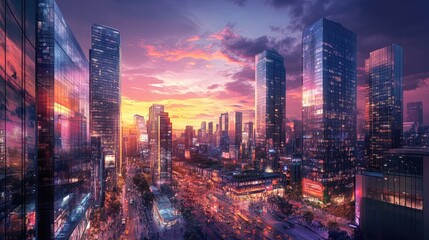 A lively cityscape at sunset, with tall glass skyscrapers and bustling streets glowing under the colorful lights, capturing the energy of the city