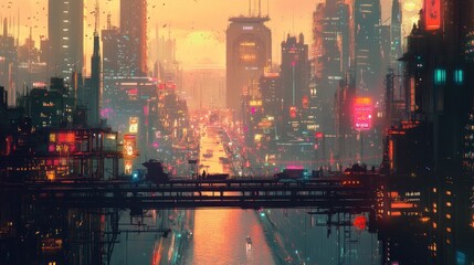 Obraz premium A sunset cityscape with towering buildings and bustling streets, colorful lights illuminating the scene as the city comes alive