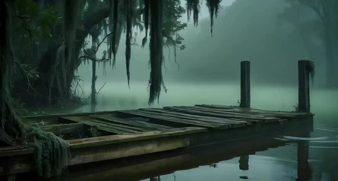 a cinematic a forgotten, half-submerged wooden dock in a dark, eerie swamp, where moss and vines entwine the rotten wood, with thick fog veiling the murky water's surface