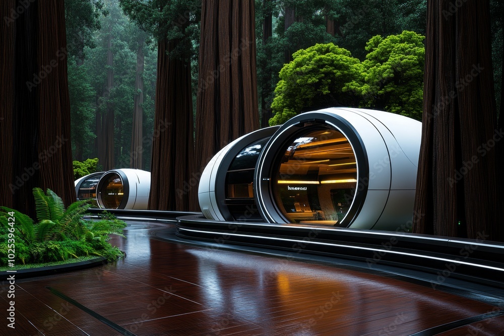 Poster futuristic city where natural elements like towering trees and flowing rivers are seamlessly integra