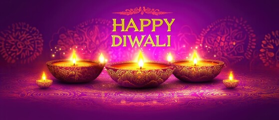 Illuminated Diya Lamps on a Purple Festive Background with "Happy Diwali" Greeting