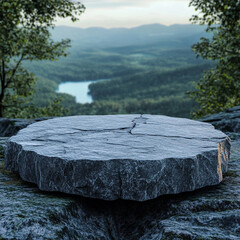 3D Stone Podium on Rock Platform,Perfect for Product Display in a Serene Green Forest with Blue Horizon and Soft Daylight