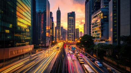 Obraz premium A dynamic city at dusk, with skyscrapers shining in the sunset, busy streets filled with cars, and colorful lights illuminating the urban scene
