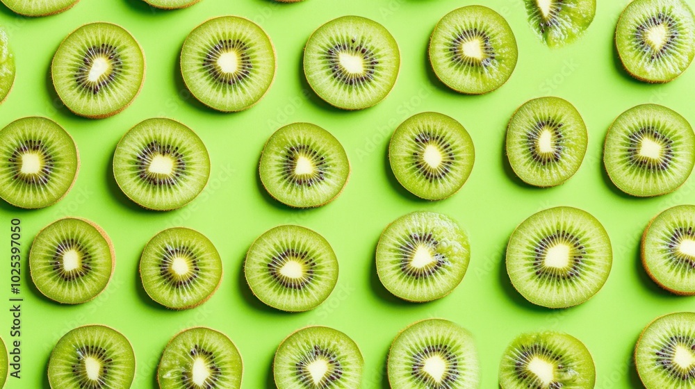 Poster a flat lay of sliced kiwi fruit arranged in a repeating pattern on a green background.