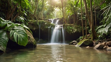 hidden waterfall in a lush jungle ravine