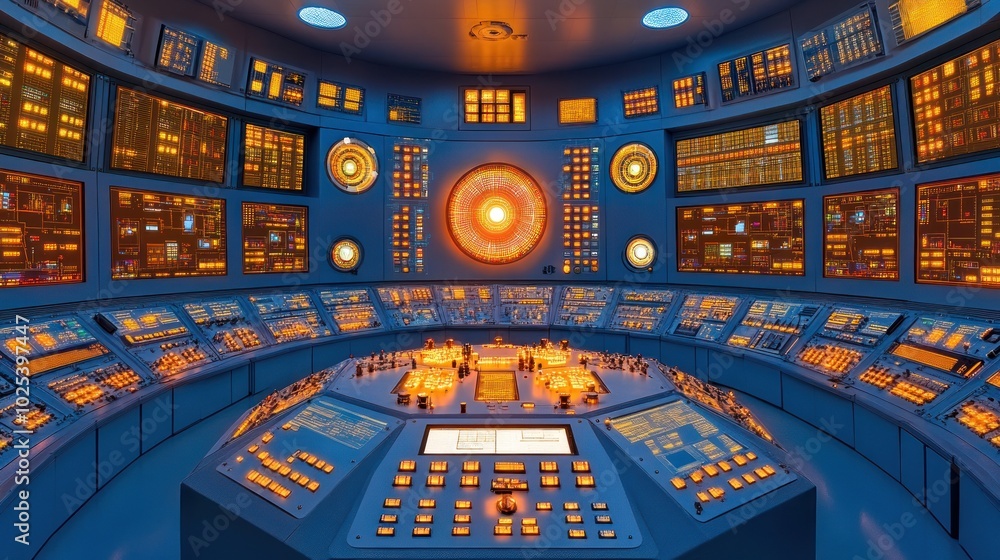 Poster Futuristic Control Room with Illuminated Monitors and Buttons