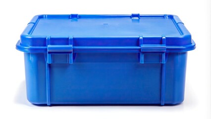 Closed blue plastic box on white background