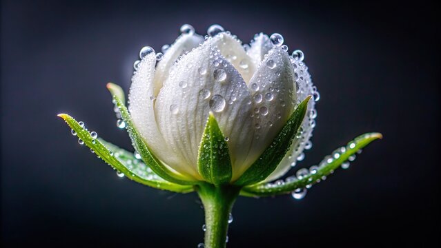 Closed bud of white flower with dew drops on dark background