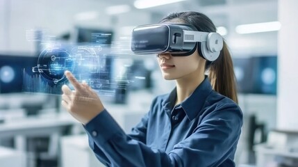 Woman Wearing VR Headset Interacting With Holographic Data