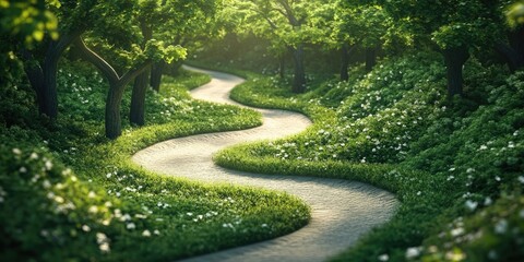 Winding Road Through Lush Forest, Curved Path in Greenery