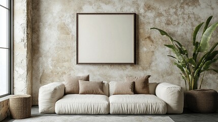 Fototapeta premium Modern living room featuring a white couch, potted plants, and a picture frame near a window in Japandi style.