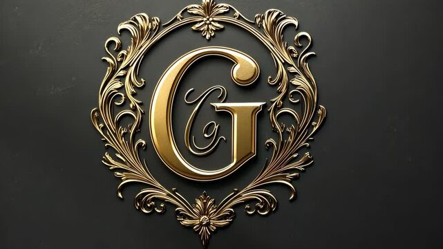 A golden letter G is displayed in a decorative, ornate frame against a black background