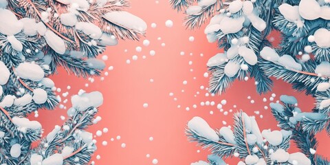 Snow-covered pine tree branches in winter, Winter pine tree branches covered in snow