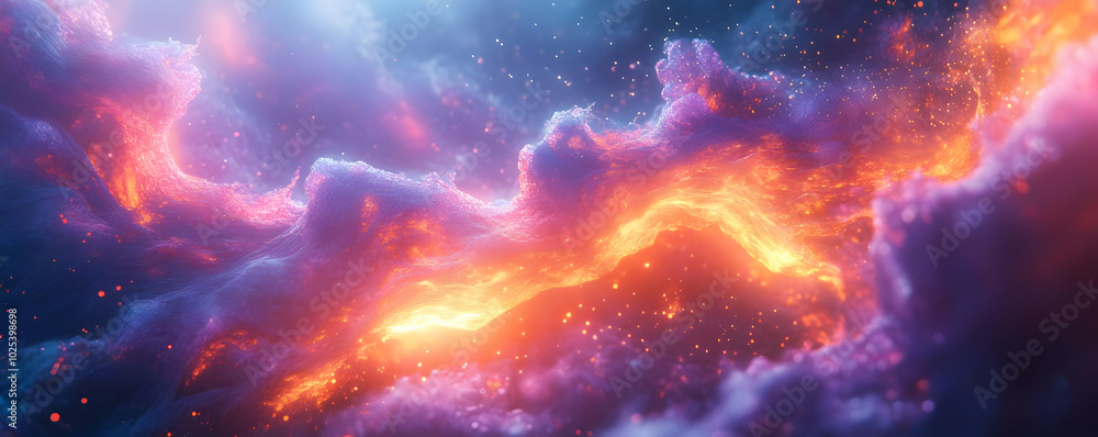Poster abstract background with a flowing stream of glowing particles and swirls