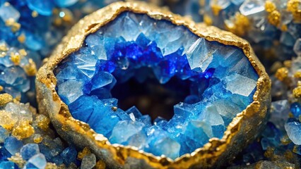 Closeup aerial view of blue and gold crystal sapphire geode gemstone