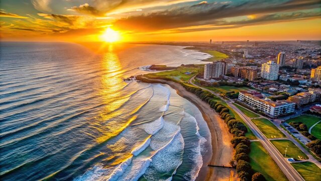 Close-up aerial view of sunset on Mar del Plata coast
