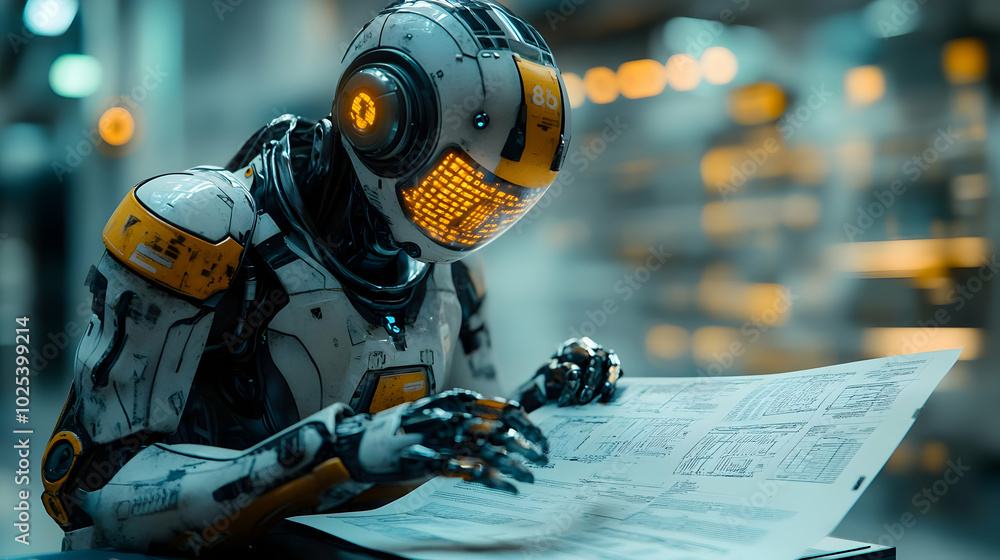 Poster a futuristic robot analyzes blueprints in a high-tech environment