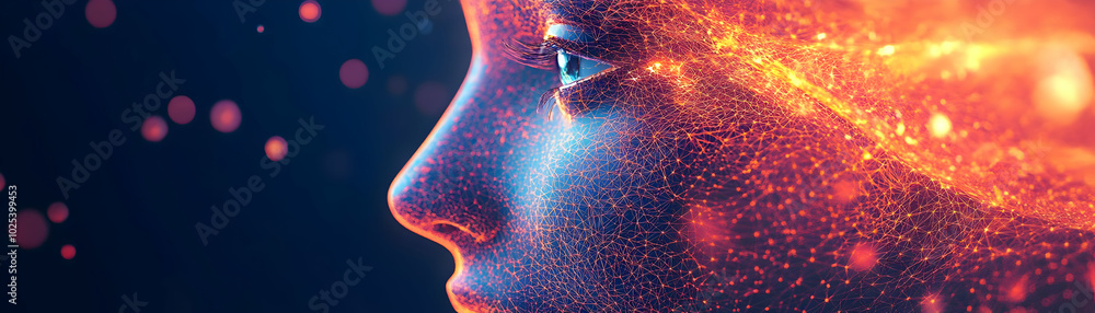 Poster 3d render of a human face with glowing particles and network connections for technology