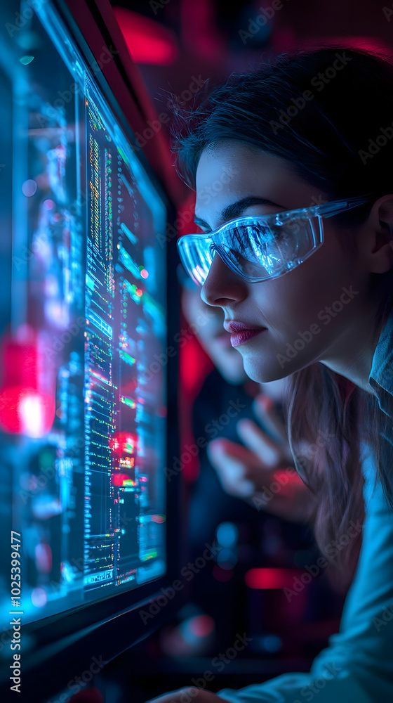 Poster focused technician examines code on a computer screen in a darkened room